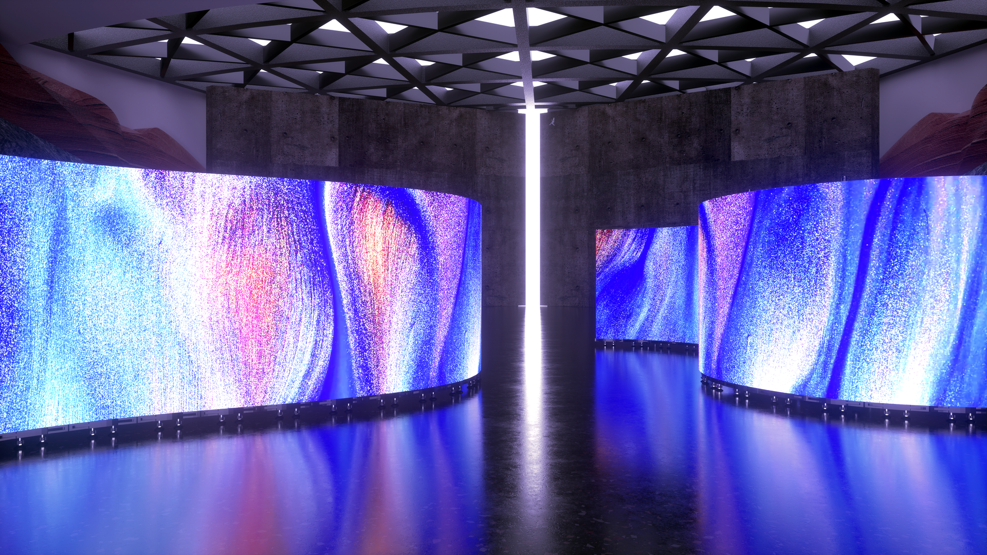 a room with large screens